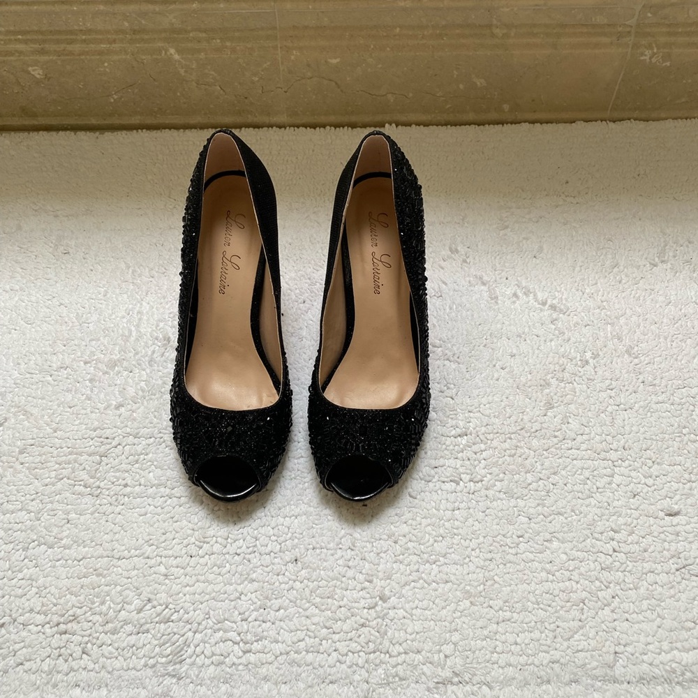 Elegant, Black Beaded Peep-Toe Heels by Lauren Lorraine